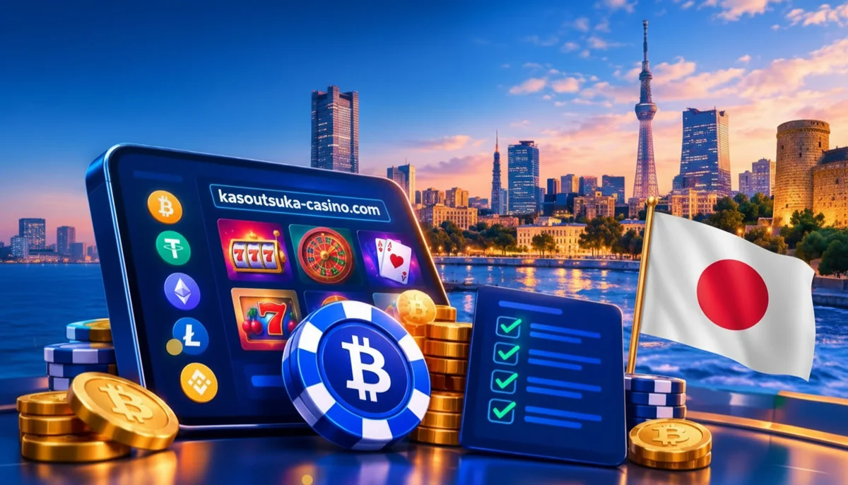 夕暮れの東京の街並みを背景に、仮想通貨カジノのロビーを映したタブレット、ビットコインのチップ、チェックリストと日の丸